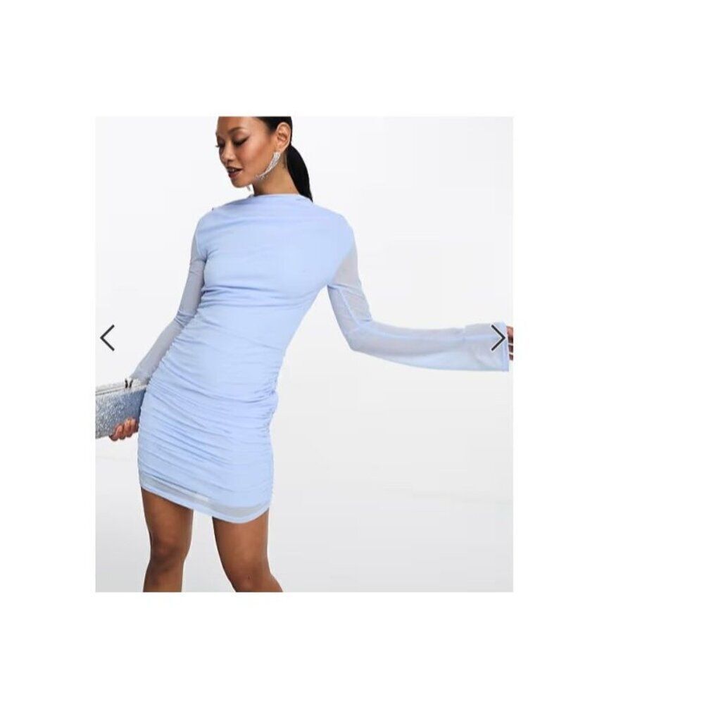 ASOS DESIGN high neck ruched mesh mini dress in blue, Sz. 14